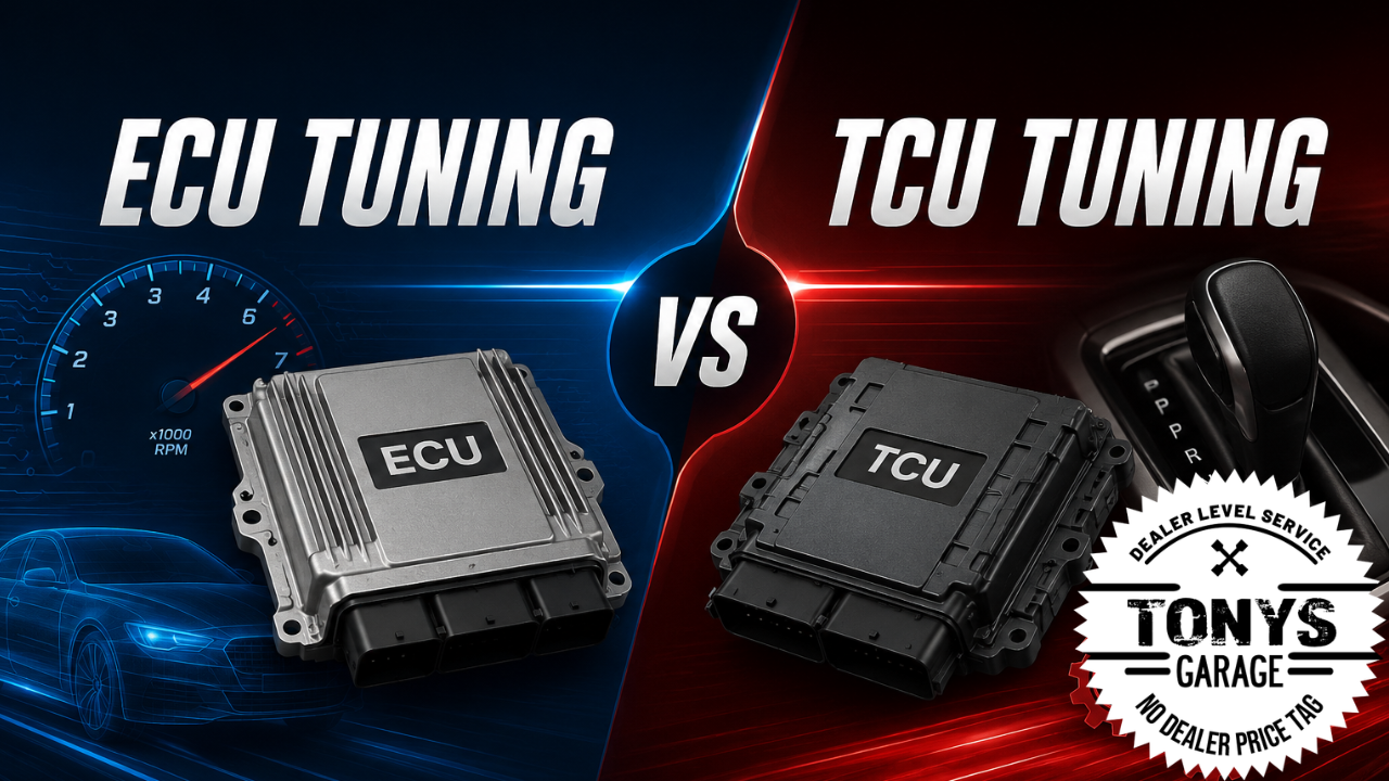 omparing ECU tuning and TCU tuning in a performance car, showing engine control optimization and transmission shift enhancements for improved speed, power, and drivability.