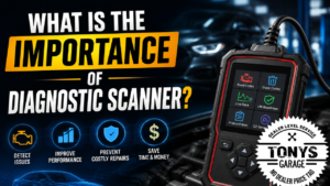 Automotive technician using a diagnostic scanner on a modern vehicle to detect engine issues and improve vehicle performance in a professional repair shop.