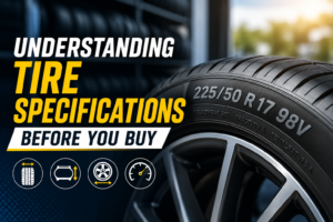 Close-up of a car tire sidewall showing tire size specifications while a mechanic explains tire width, aspect ratio, and wheel diameter.