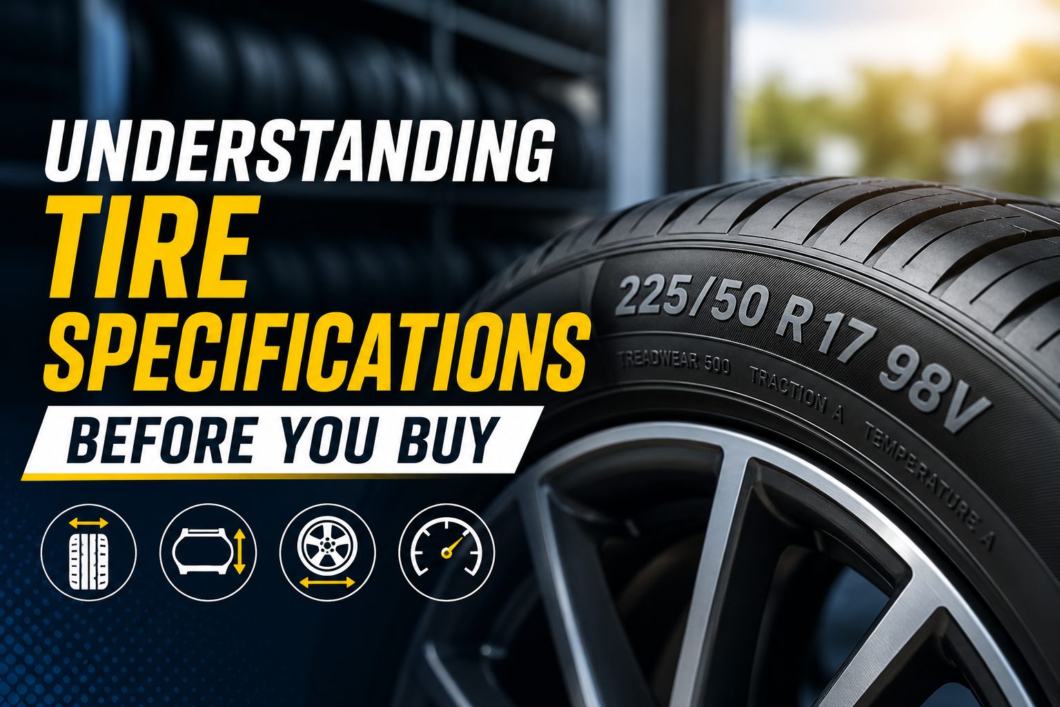 Close-up of a car tire sidewall showing tire size specifications while a mechanic explains tire width, aspect ratio, and wheel diameter.