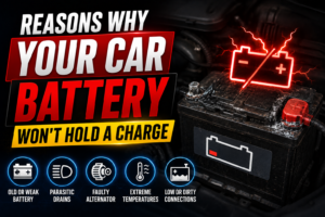 Car battery being tested in an auto repair shop to find the cause of repeated battery drain and charging issues.