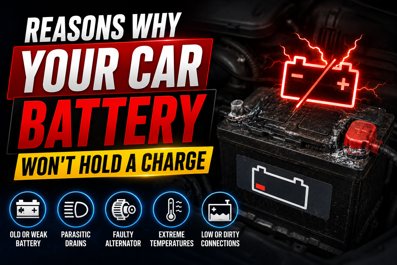 Car battery being tested in an auto repair shop to find the cause of repeated battery drain and charging issues.