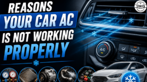 Car in an auto repair garage undergoing air conditioning maintenance to fix cooling issues and improve performance.