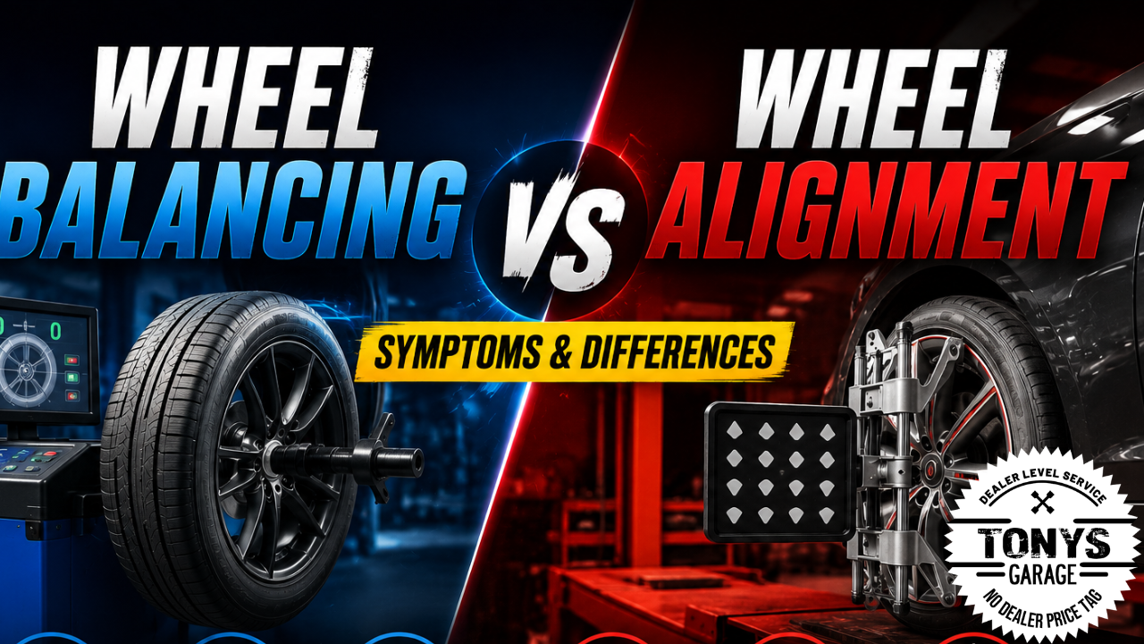 Automotive technician performing wheel balancing and wheel alignment on a vehicle