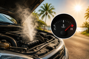 Car temperature gauge in the red zone indicating overheating on a hot Florida summer day with steam visible from the engine hood