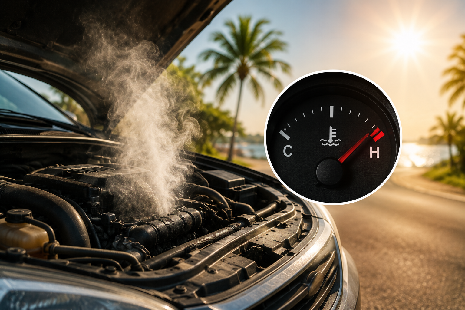 Car temperature gauge in the red zone indicating overheating on a hot Florida summer day with steam visible from the engine hood